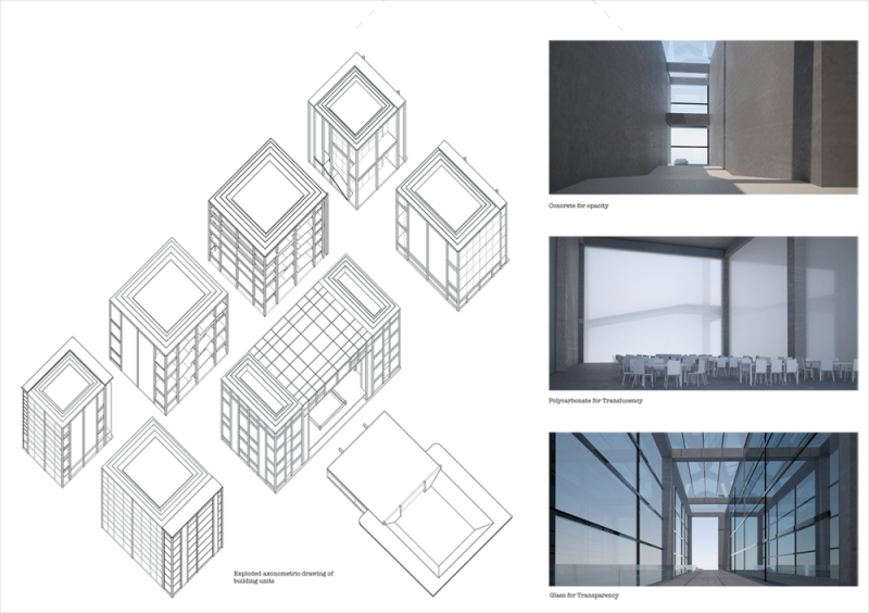 The building is made of eight units which differ through the facade surfaces for each space. The facades have a degree of transparency which highlight certain views or axes in the building, reinforcing the idea of accessibility.
